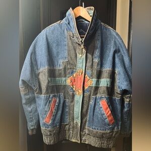 80’s Vintage Denim Patchwork Jacket w/ Southwest Aztec Design